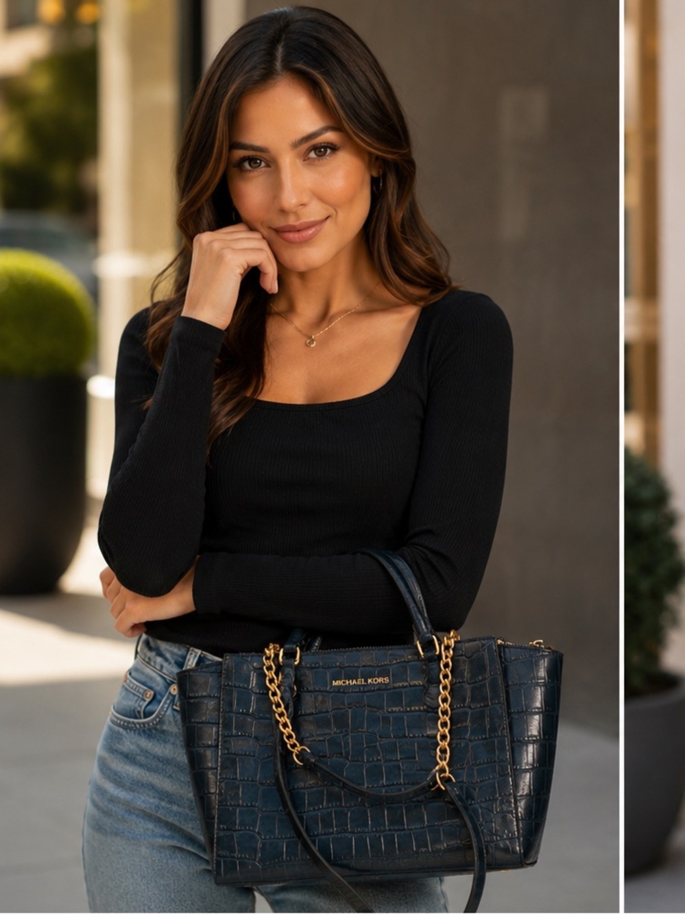 NWOT Michael Kors Croc Embossed Leather Bag Black Gold Chain Shoulder Crossbody